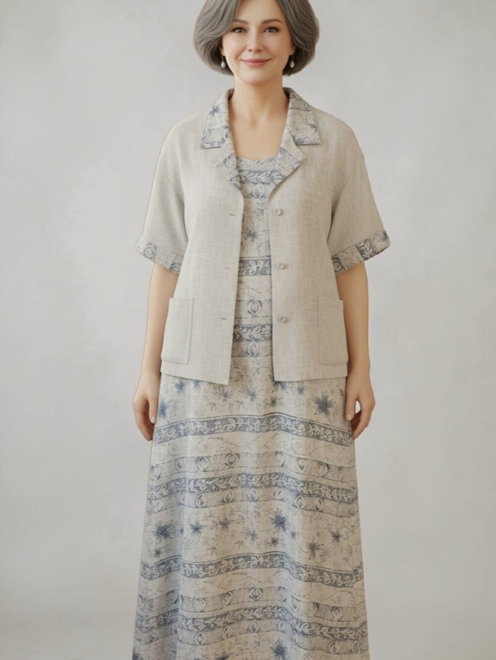 Sweet Jessie Size MP Blue and Cream Printed Two-Piece Women’s Dress Set